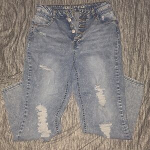 Vanilla Star Women's Distressed Light Blue High Rise Mom Jeans